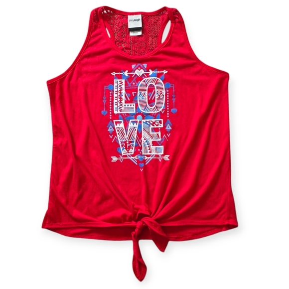JerryLeigh Love Grapic Tie Front Tank Top, Red, Juniors L (11/13) - Picture 1 of 6